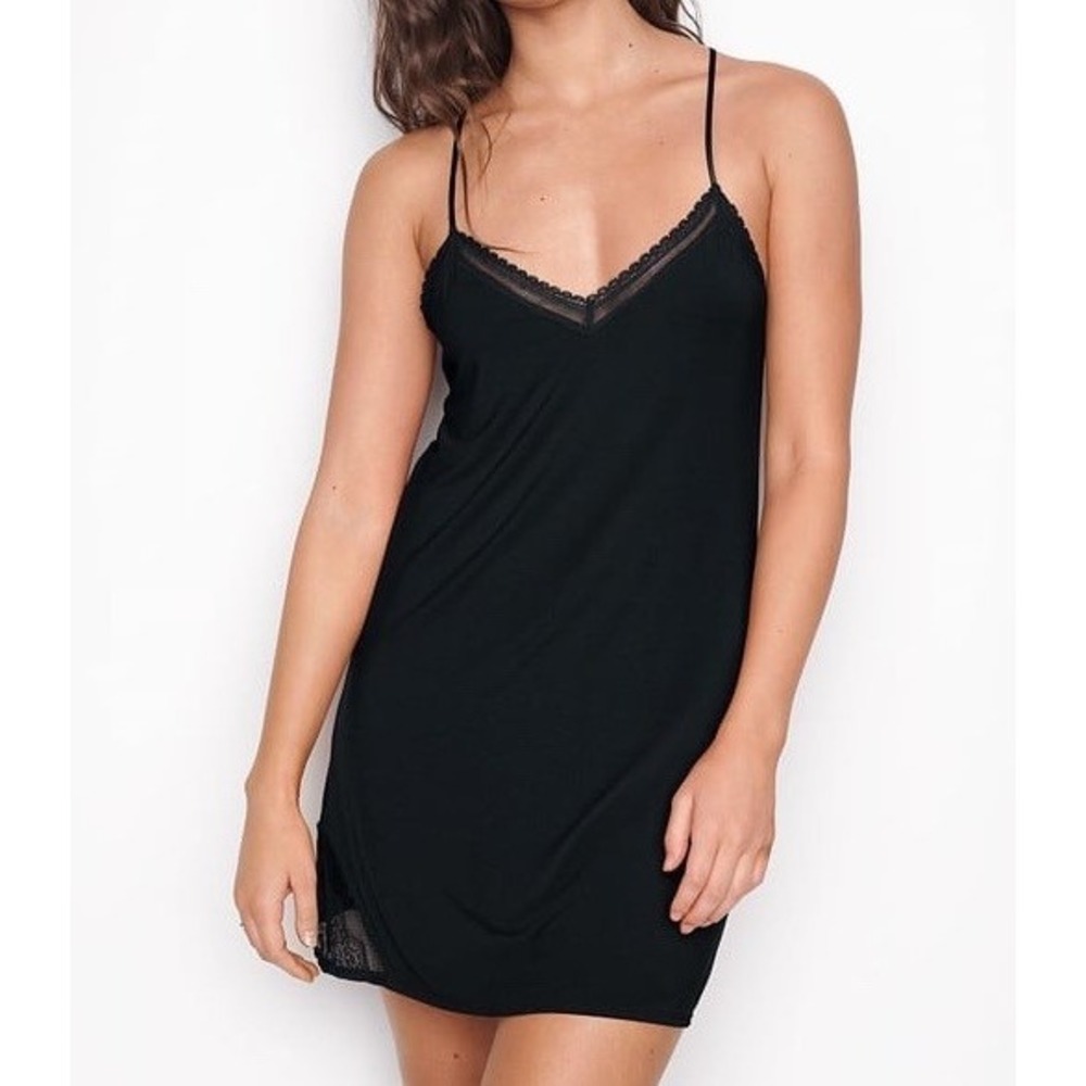 Victoria's Secret Heavenly Chemise Nightgown Sz XL Black Lace Trim Slip